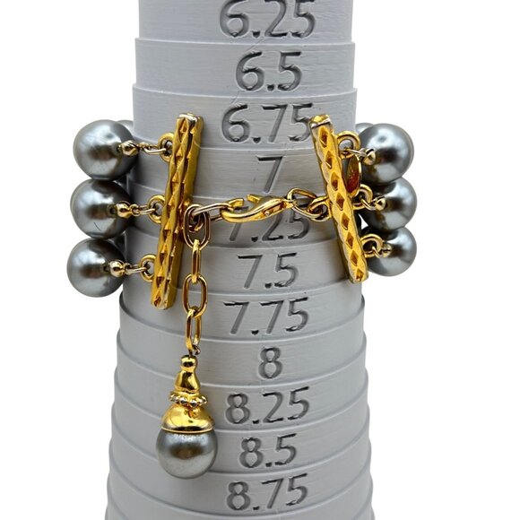 Joan Rivers Bracelet Gold  Silver-Tone Adjustable Three-Strand Faux Pearl Signed - Picture 5 of 8